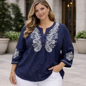 David Brooks Embroidered Peasant Top - Linen- Bohemian -3X